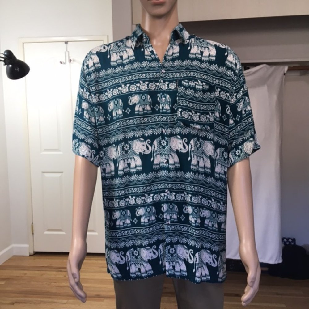 NWOT, Thai Elephant Men Shirt, shortsleeve 100% Cotton, Dark Blue Green, size XL